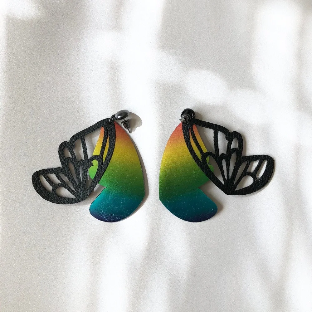 Handmade Rainbow Layered Butterfly Wings Dangle Earrings - Picture 3 of 4